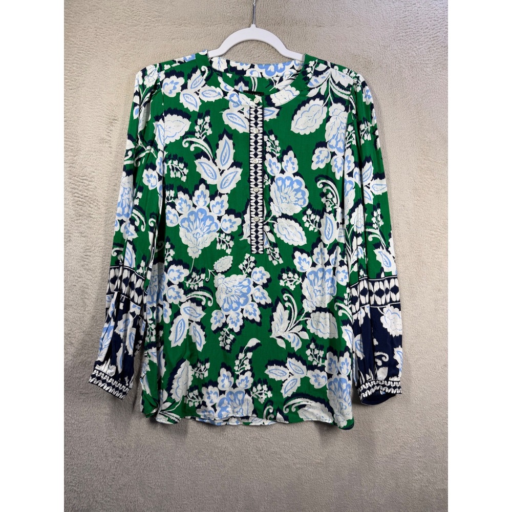 Talbots Popover Blouse Women M Green Blue Floral Ikat Viscose Long Sleeve Top
